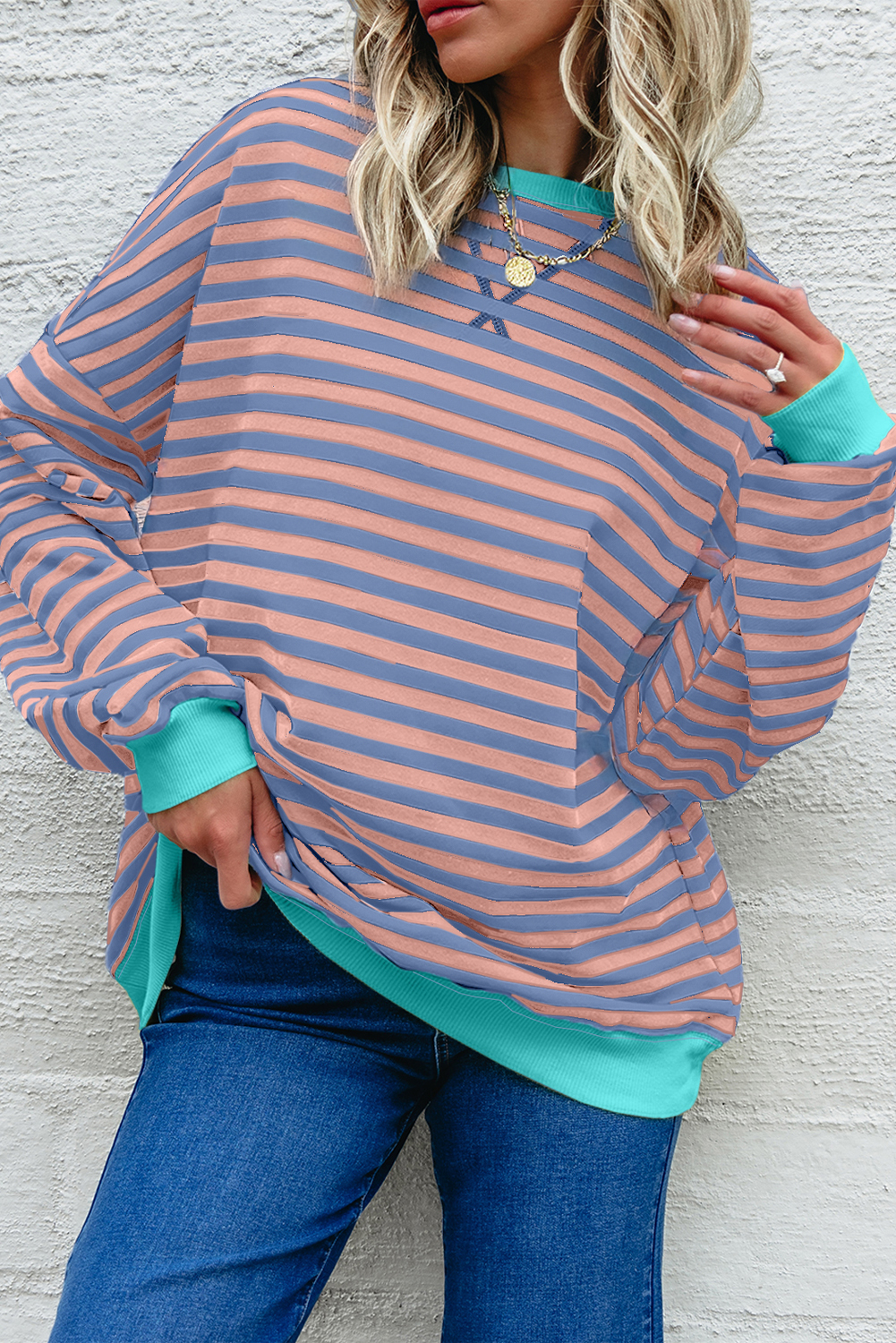 Red Stripe Contrast Ribbed Trim Crossed Stitch Drop Shoulder Sweatshirt - loveforevers