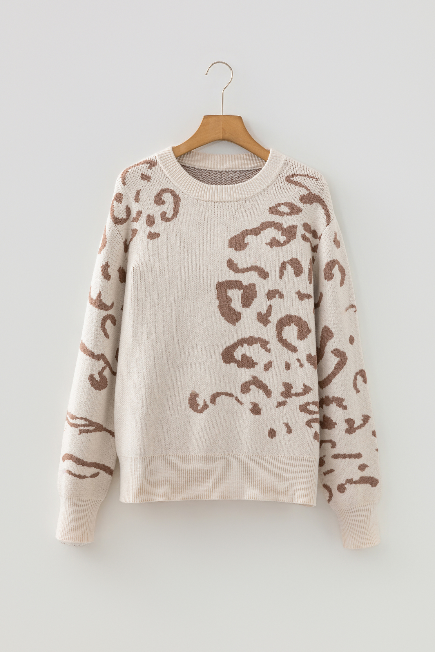 Camel Asymmetric Leopard Print Detail Drop Shoulder Sweater - loveforevers