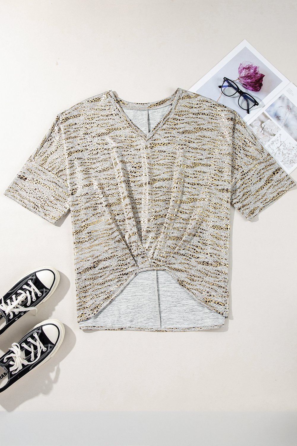 Gray Leopard Print Half Sleeve V Neck Loose Fit T Shirt - loveforevers