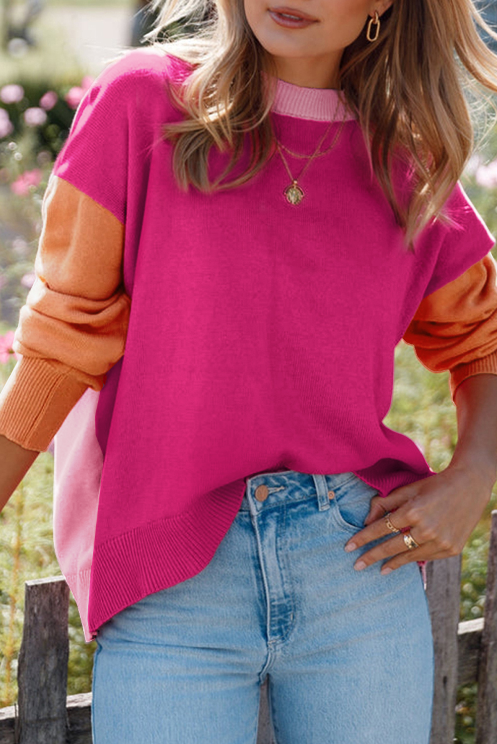 Bonbon Three Tone Contrast Round Neck Loose Sweater - loveforevers