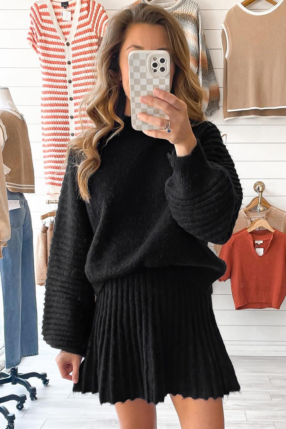 Smoke Gray High Neck Puff Sleeve Sweater Pleated Mini Skirt 2pcs Knitted Outfit - loveforevers