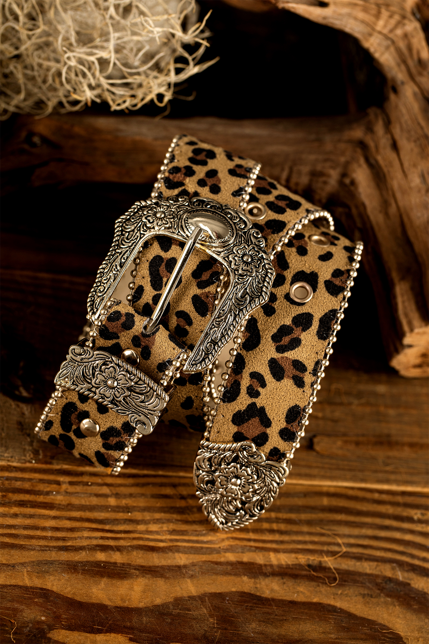 Thai Curry Leopard Beading Trim Retro Embossed Hardware PU Waist Belt - loveforevers
