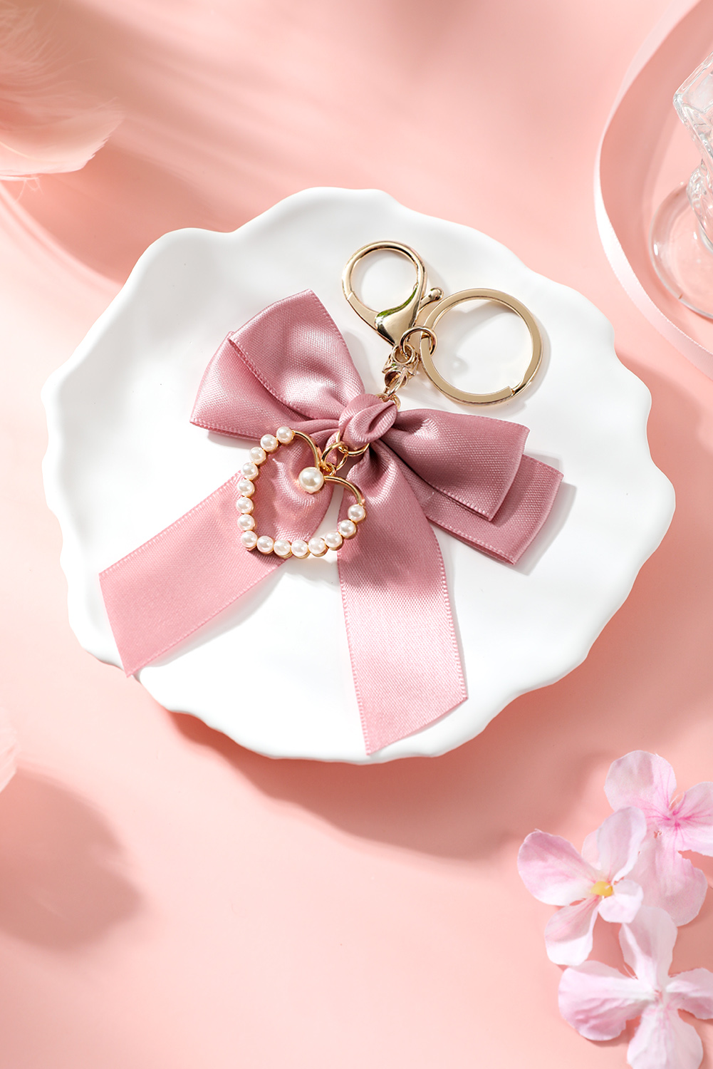 Pink Pearl Heart Large Bow Knot Keychain - loveforevers