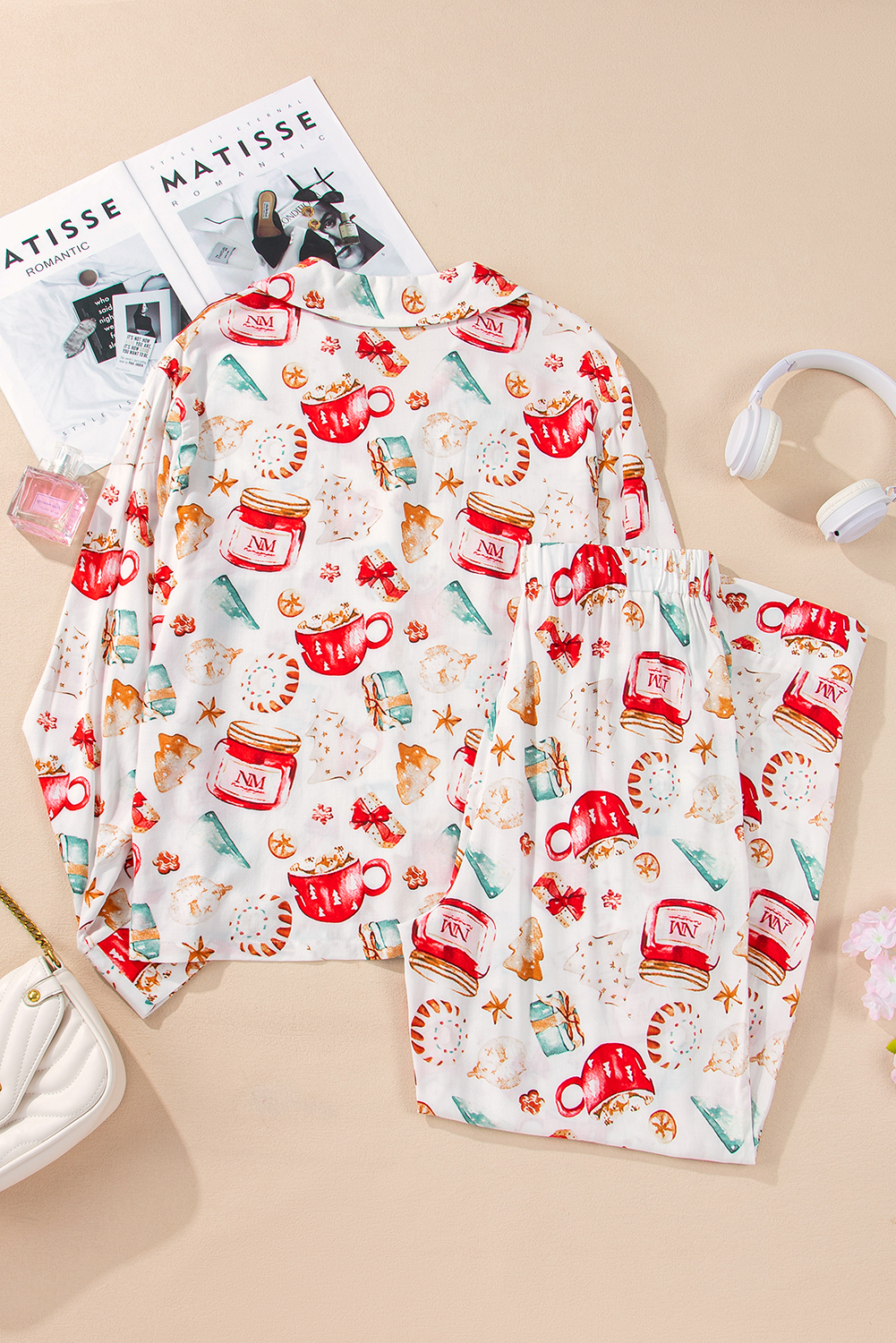 White Christmas Pattern Long Sleeve Shirt and Pants Pajama Set - loveforevers