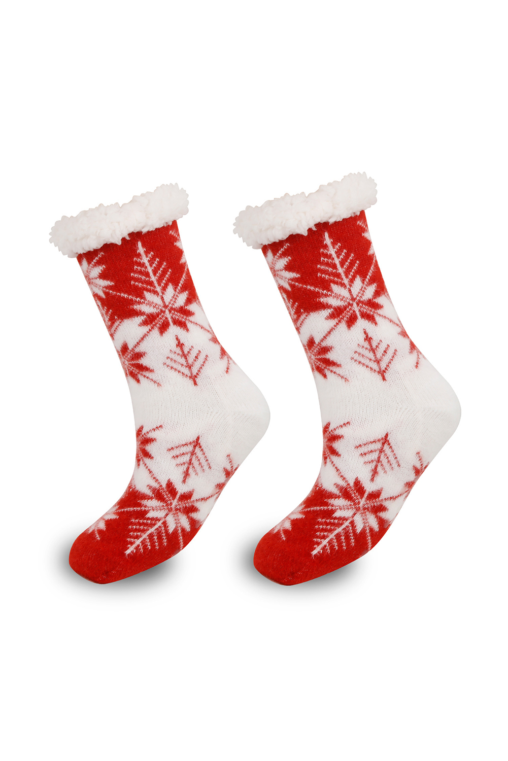 Fiery Red Christmas Snowflake Cozy Sherpa Lined Cabin Socks - loveforevers
