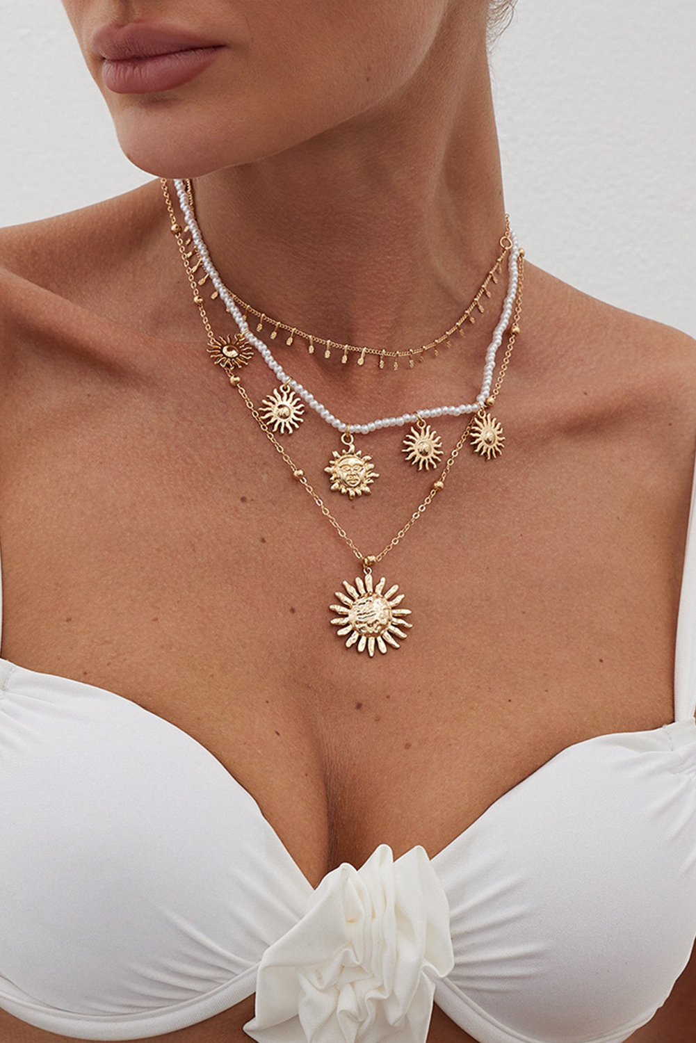Gold Plated Alloy Pearl 3pcs Sun Goddess Necklace Set - loveforevers