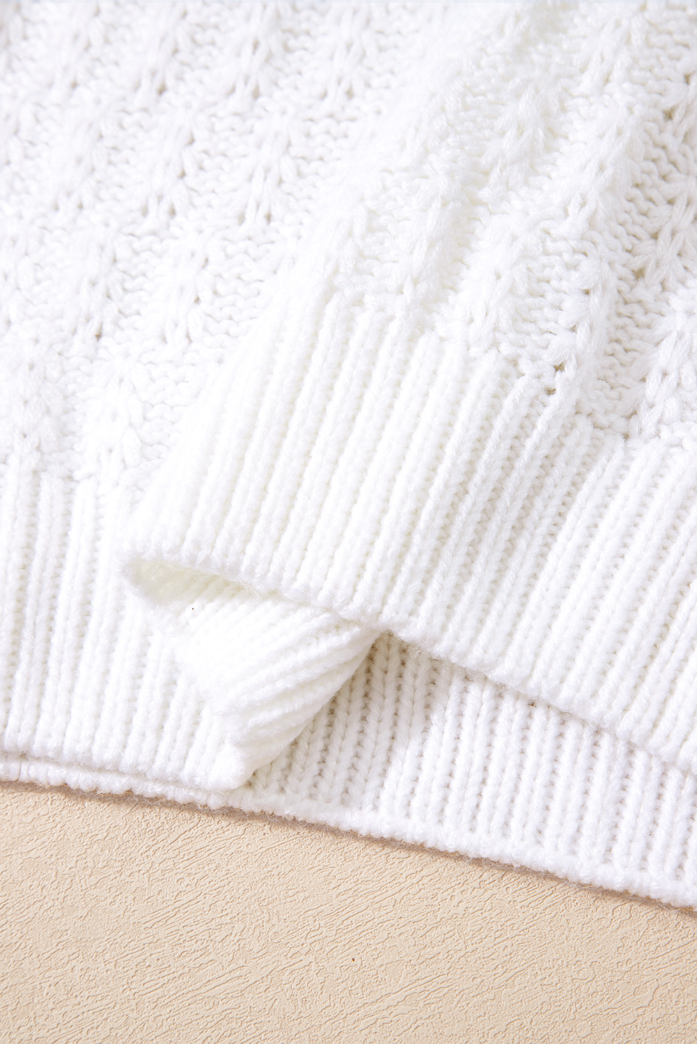 White Textured Knit Ribbed Edge V Neck Loose Sweater - loveforevers
