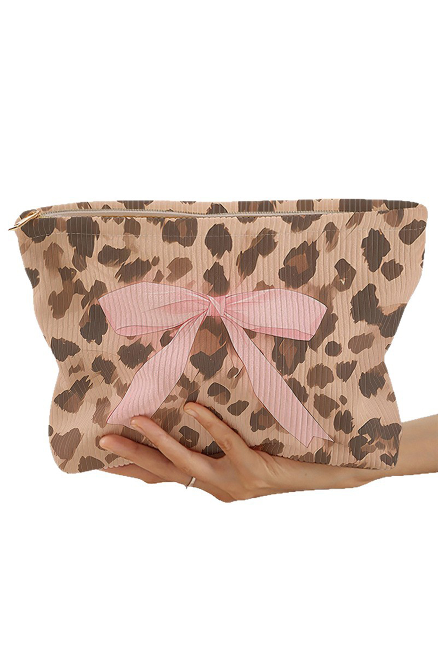 Camel Ribbon Bow Leopard Print Ribbed Cloth Makeup Bag - loveforevers