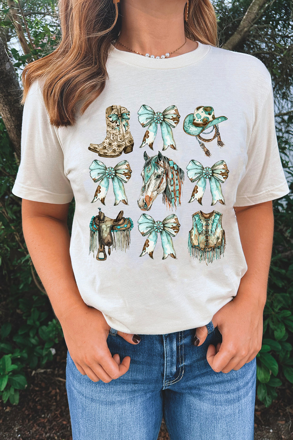 White Horse Bowknot Cowgirl Fashion Print Crewneck Tee - loveforevers