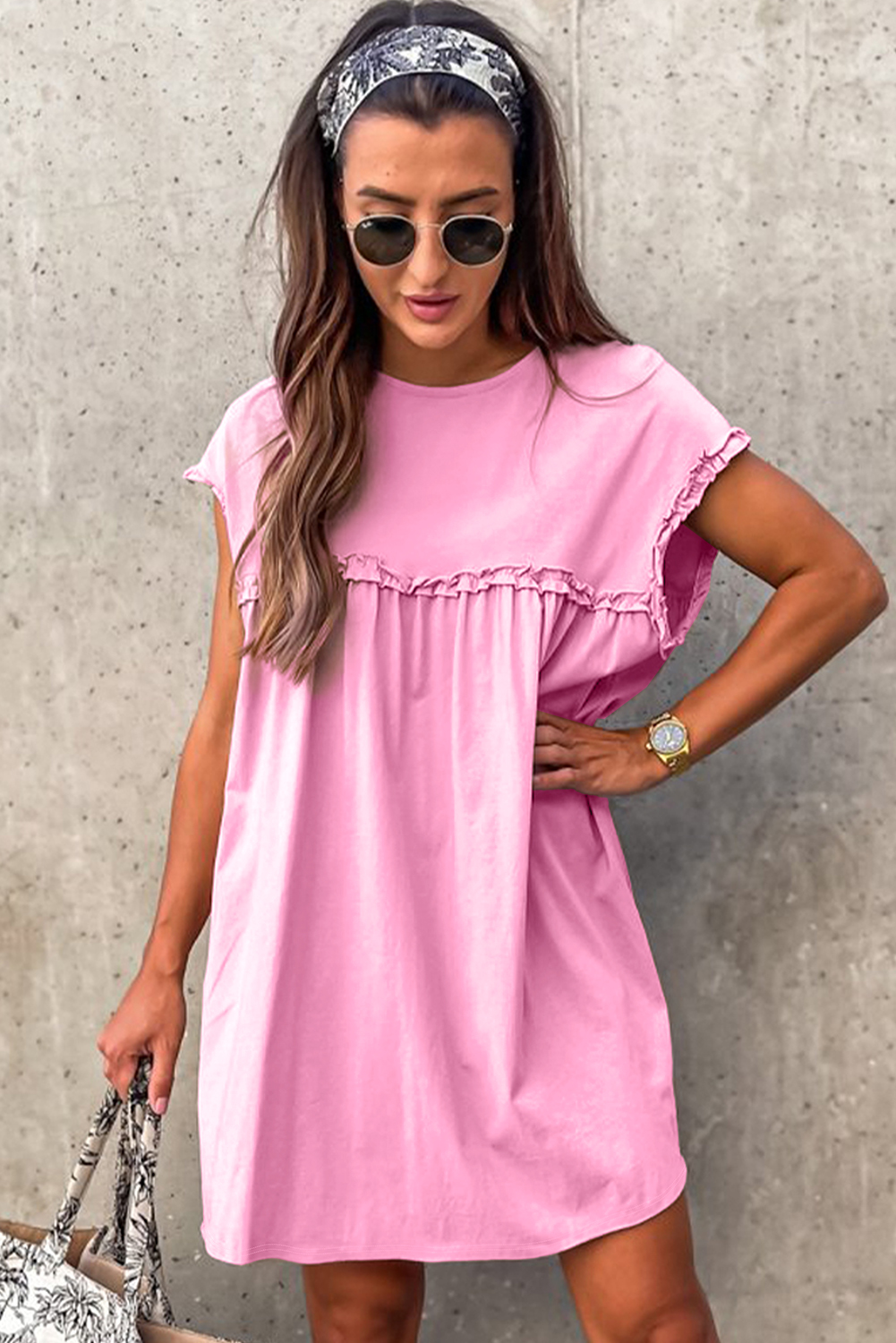 Pink Frilled Trim Crew Neck Loose Fit Mini Dress - loveforevers