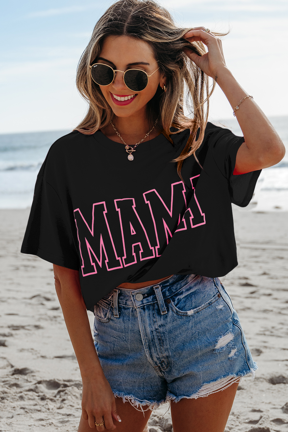 Black MAMA Letter Graphic Neon T Shirt - loveforevers