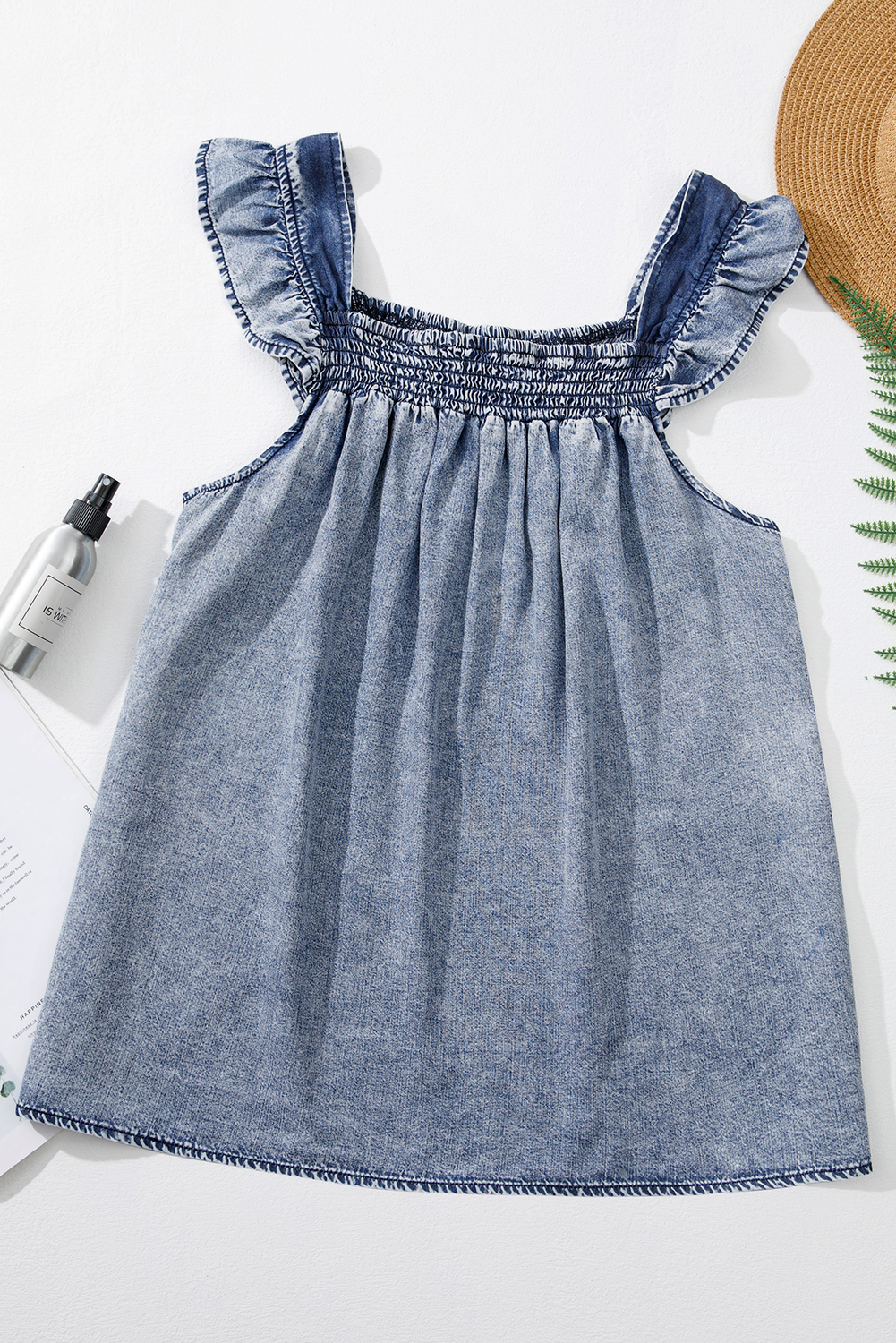 Ashleigh Blue Ruffled Shirred Neckline Sleeveless Denim Tank Top - loveforevers