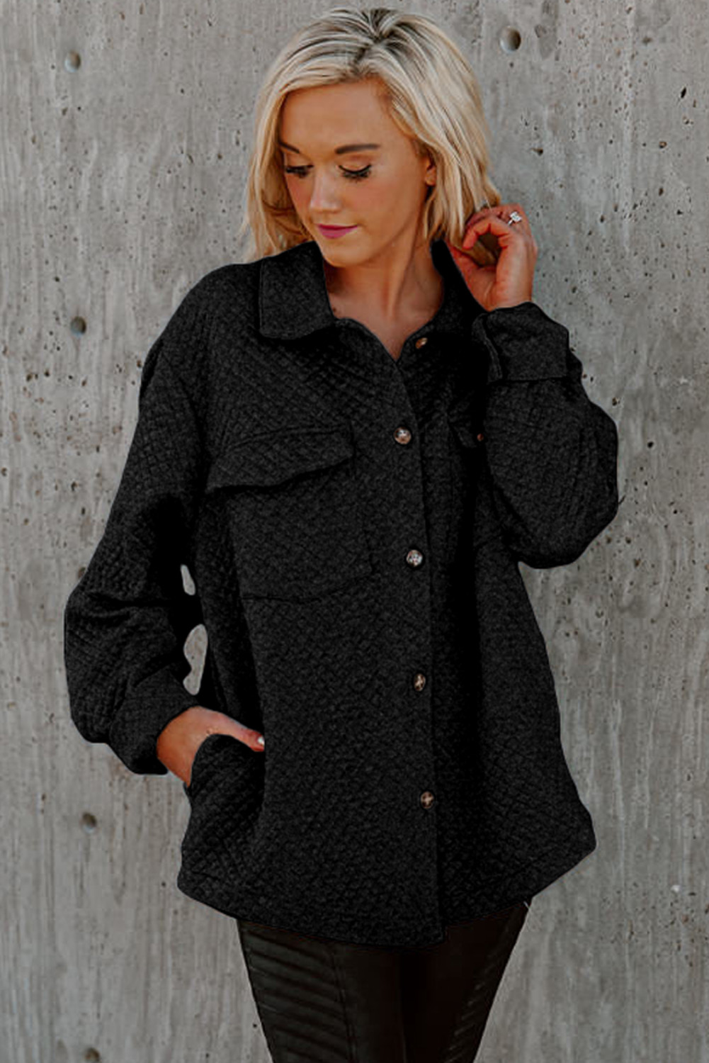 Gray Retro Quilted Flap Pocket Button Shacket - loveforevers