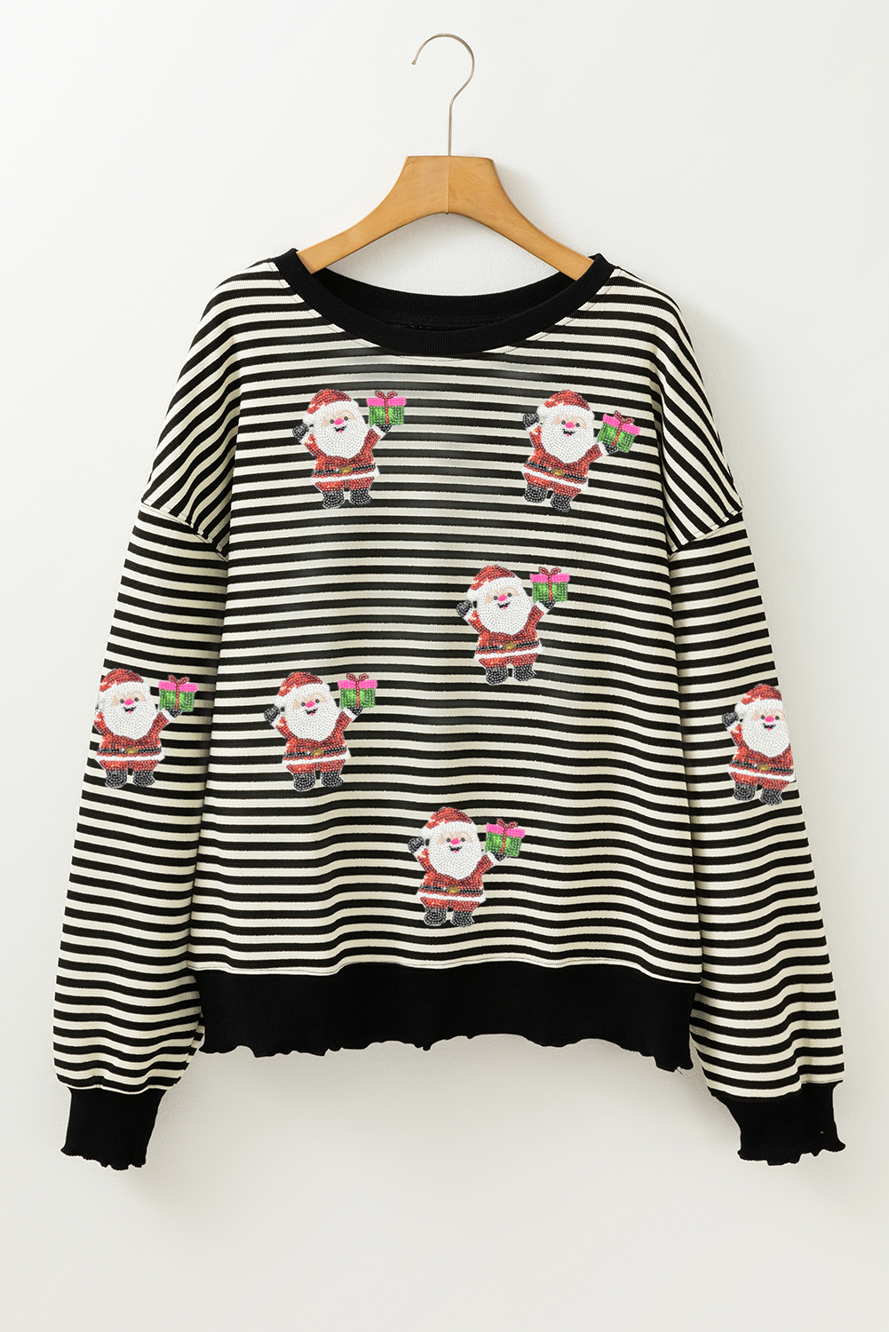 Black Stripe Santa Delivery Gift Sequin Patched Graphic Long Sleeve Top - loveforevers