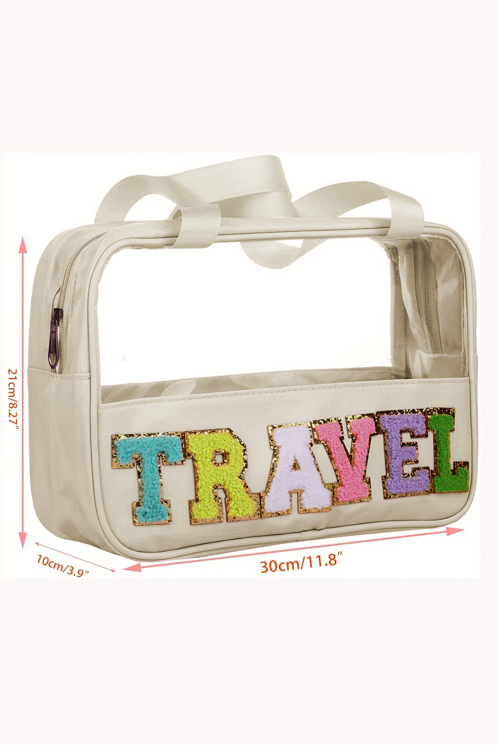 Light Pink TRAVEL Chenille Letter Clear PVC Makeup Bag - loveforevers