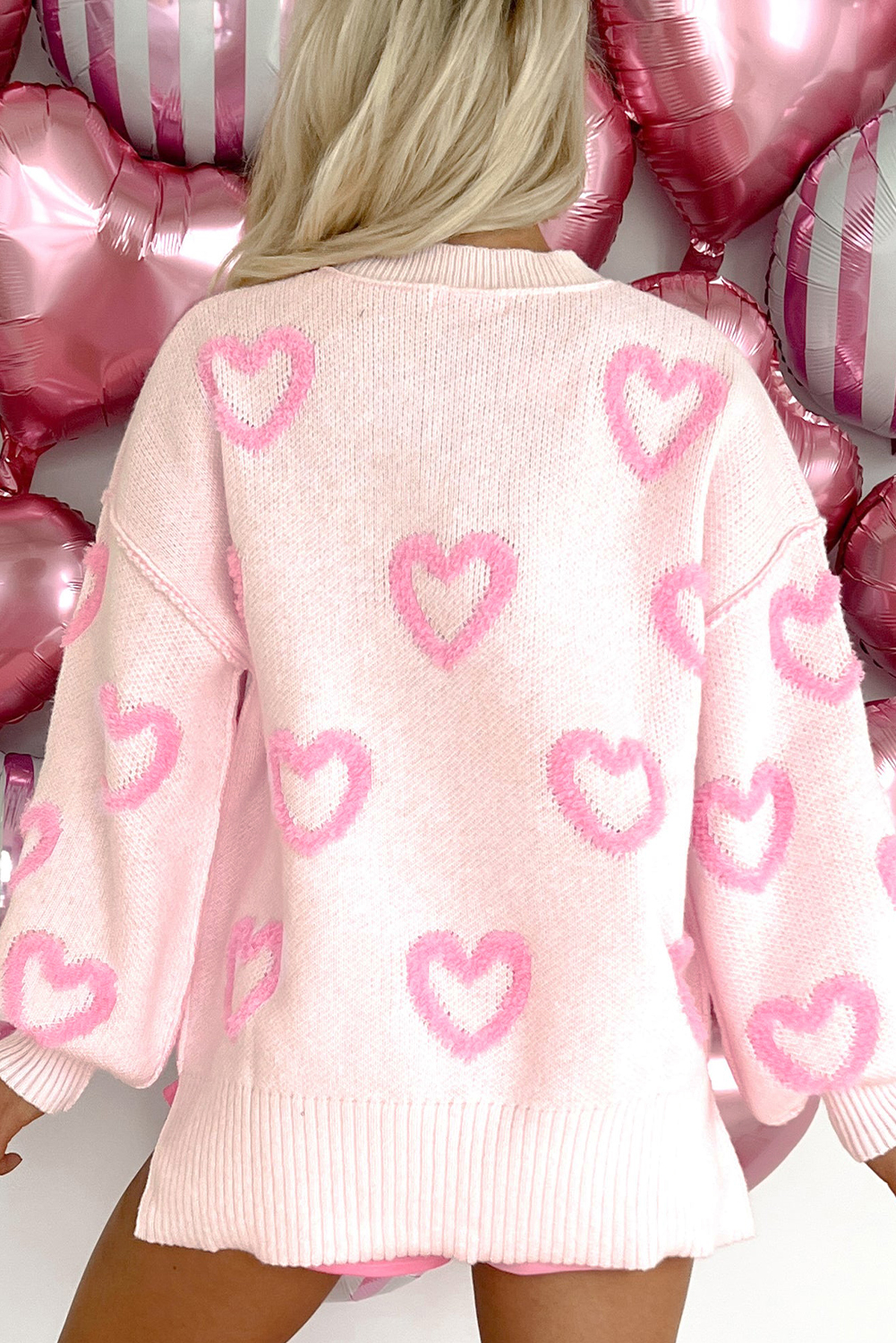 Pink Heart Shape Bubble Sleeve Baggy Sweater - loveforevers