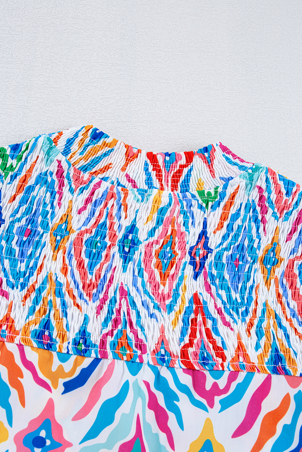 Light Blue Geometric Printed Flutter Sleeve Mock Neck Shirred Blouse - loveforevers