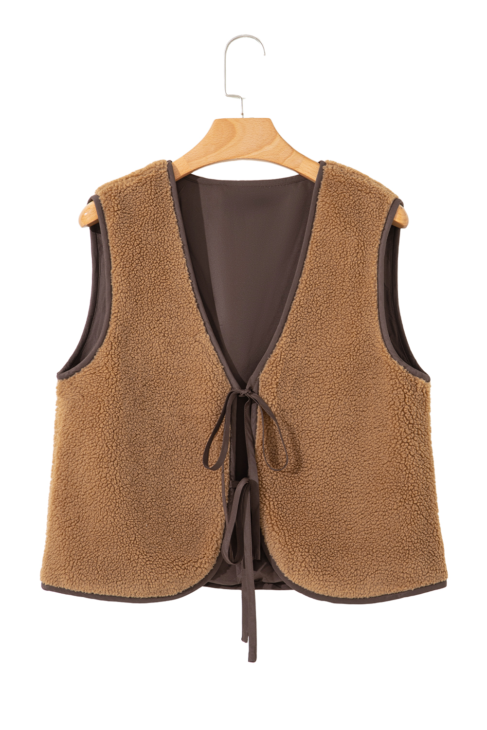 Light French Beige Contrast Trim Tie Front Sherpa Vest - loveforevers