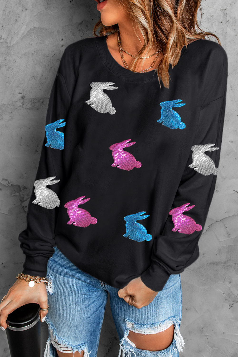 Black Easter Bunny Sequin Patched Drop Shoulder Sweatshirt - loveforevers