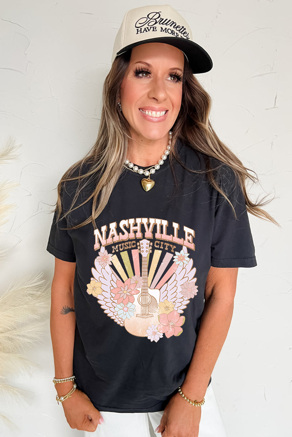 Black Nashville Music City Guitar Angel Wing Graphic Tee - loveforevers