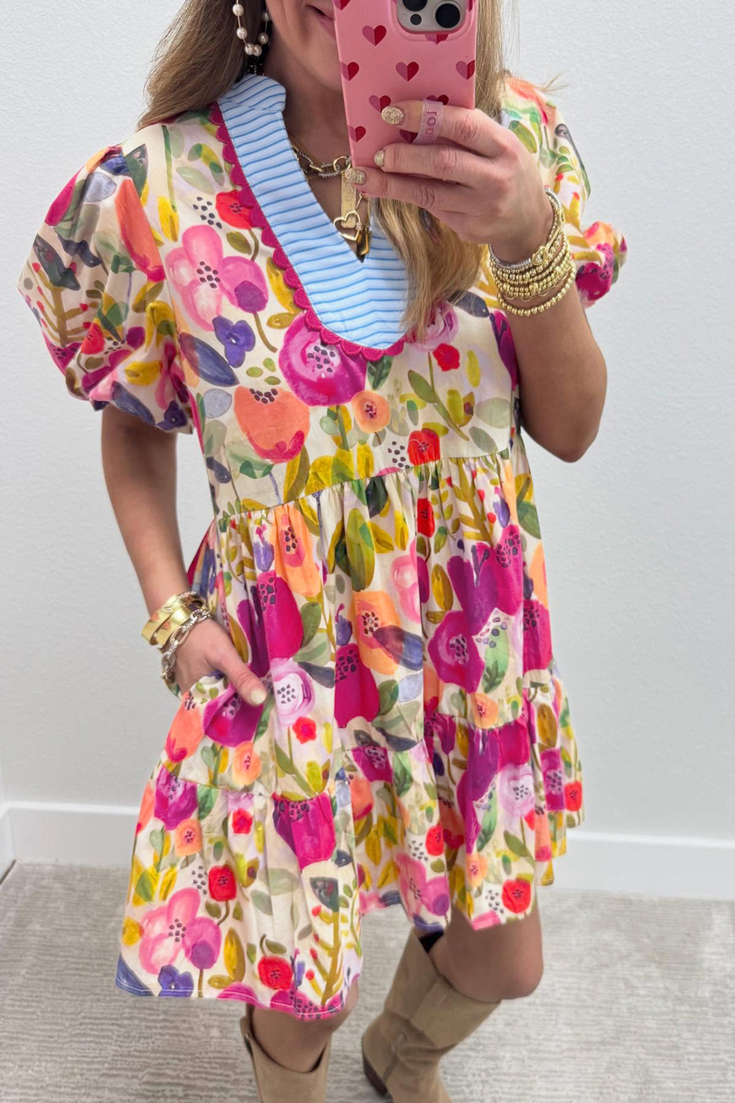 Rose Bright Floral Print Ricrac Trim Striped Patchwork V Neck Dress - loveforevers