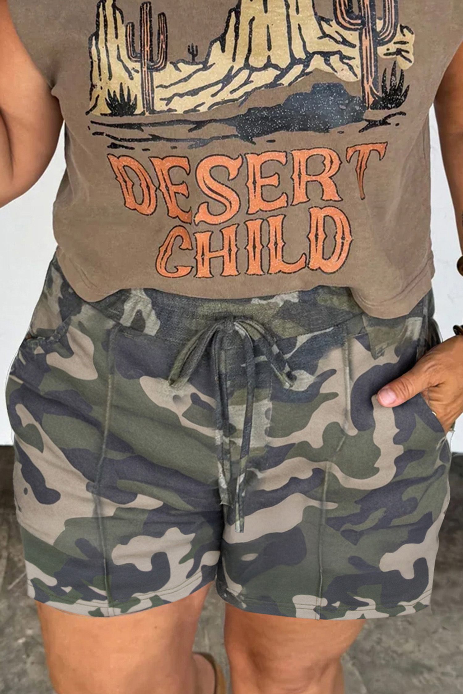 Green Tie Elastic Waist Pocketed Plus Size Camo Shorts - loveforevers