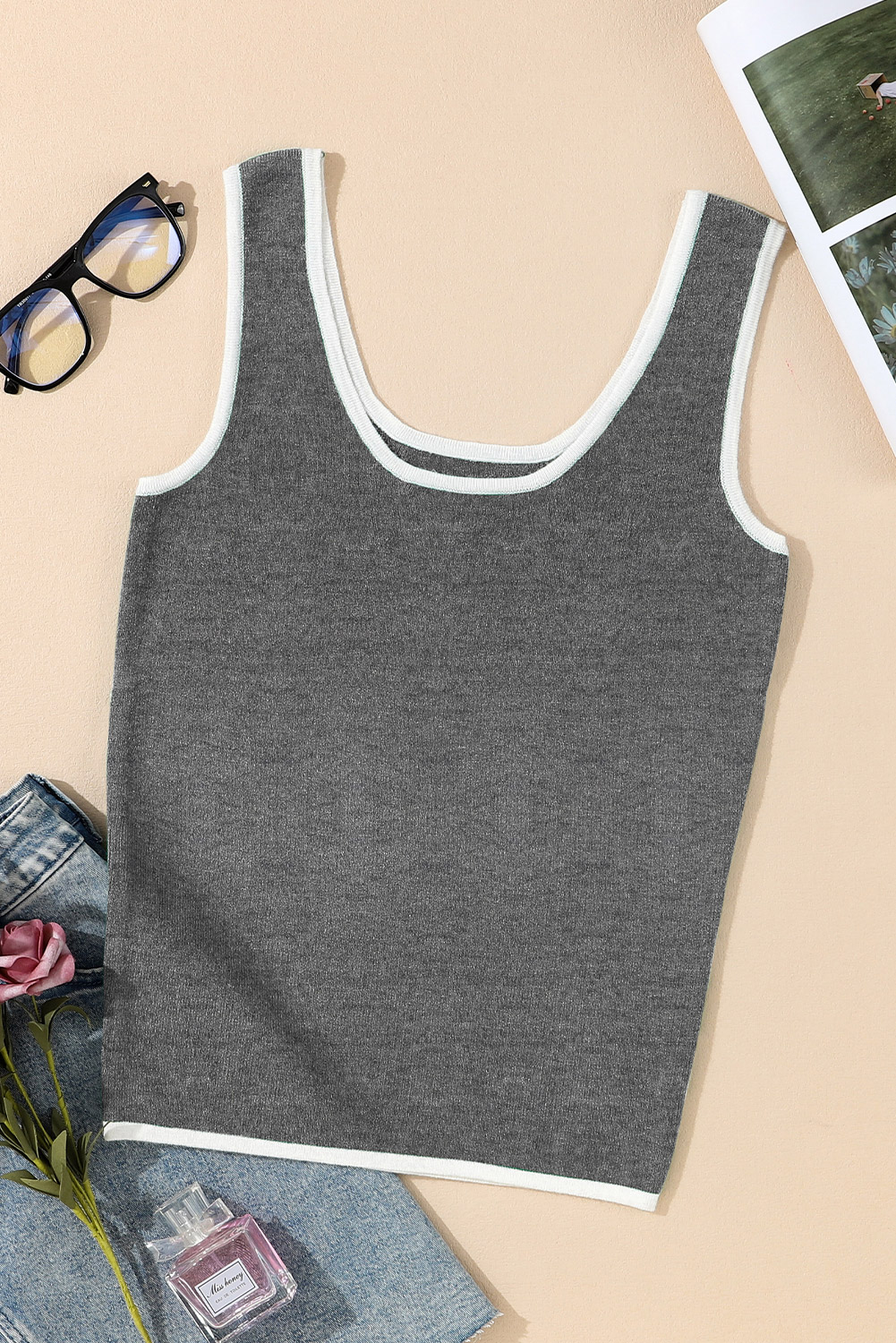 Dark Green Lightweight Ribbed Knit Contrast Trim Sweater Vest - loveforevers