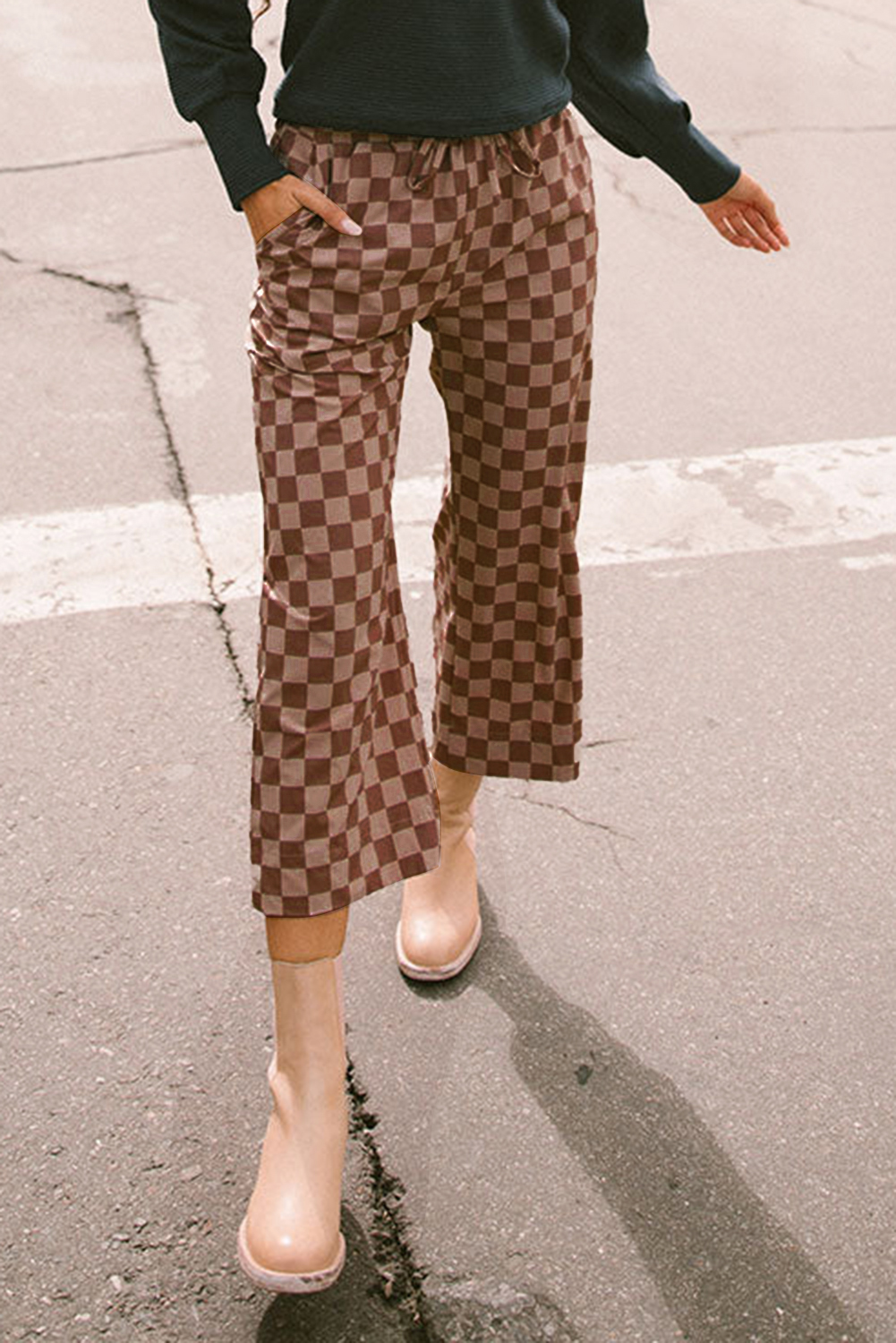 Khaki Checkered Elastic High Waist Loose Casual Pants - loveforevers
