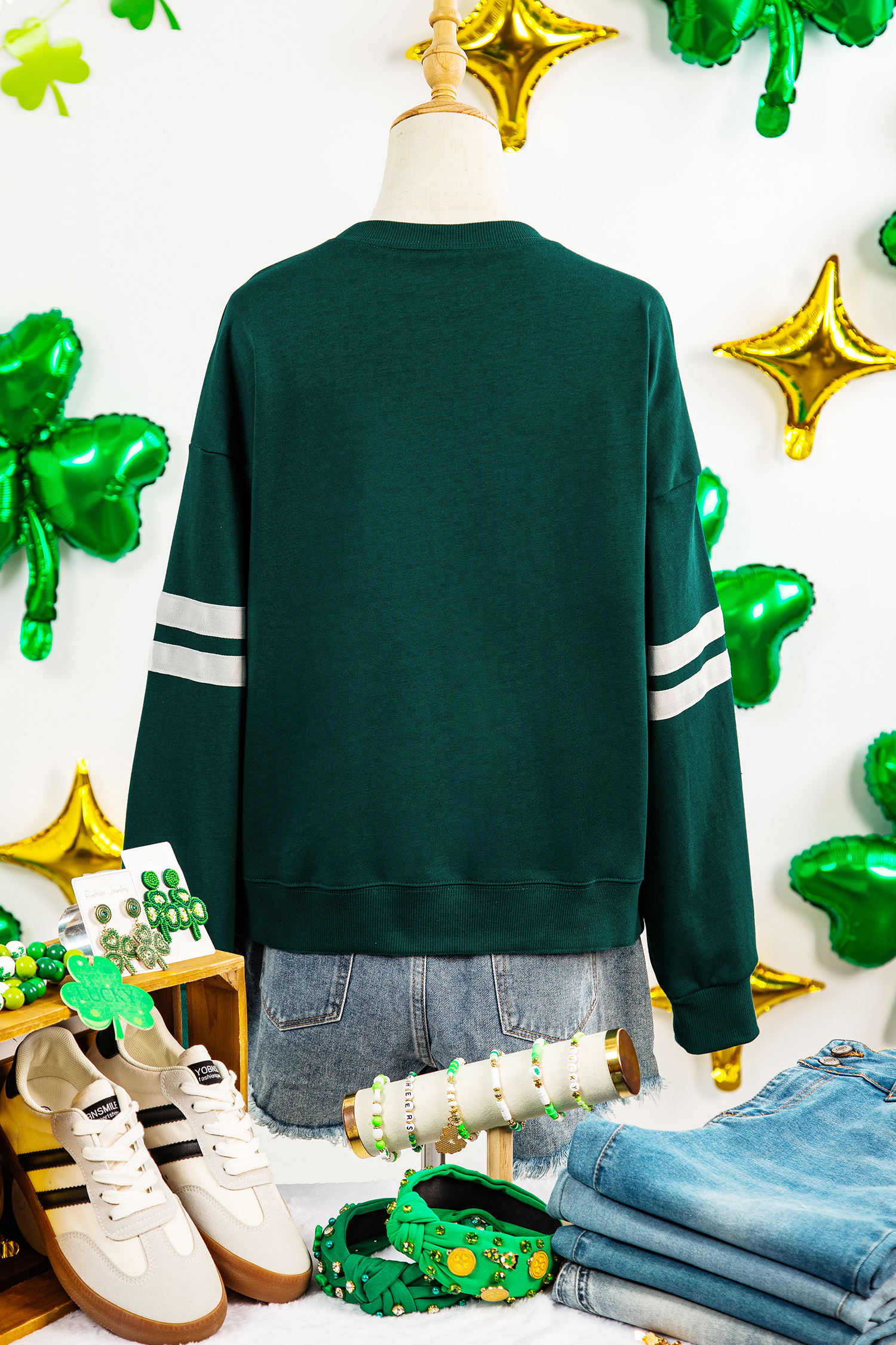 Evergreen Ribbon Bow Lucky Clover Varsity Striped Sleeve Casual Sweatshirt - loveforevers