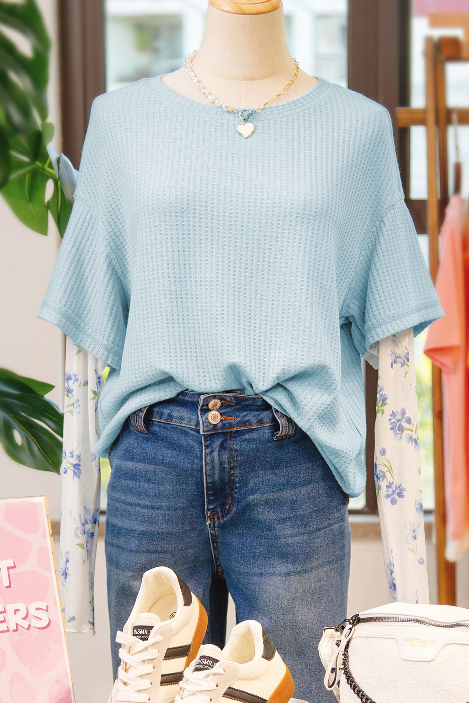 Beau Blue Floral Lace Sleeve Patchwork Waffle Fake Two-piece Top - loveforevers