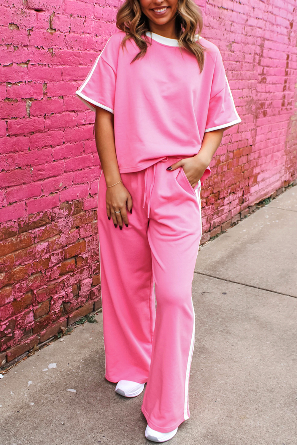 Sachet Pink Varsity Stripe Detail Casual Tee and Pants Leisure 2pcs Set - loveforevers