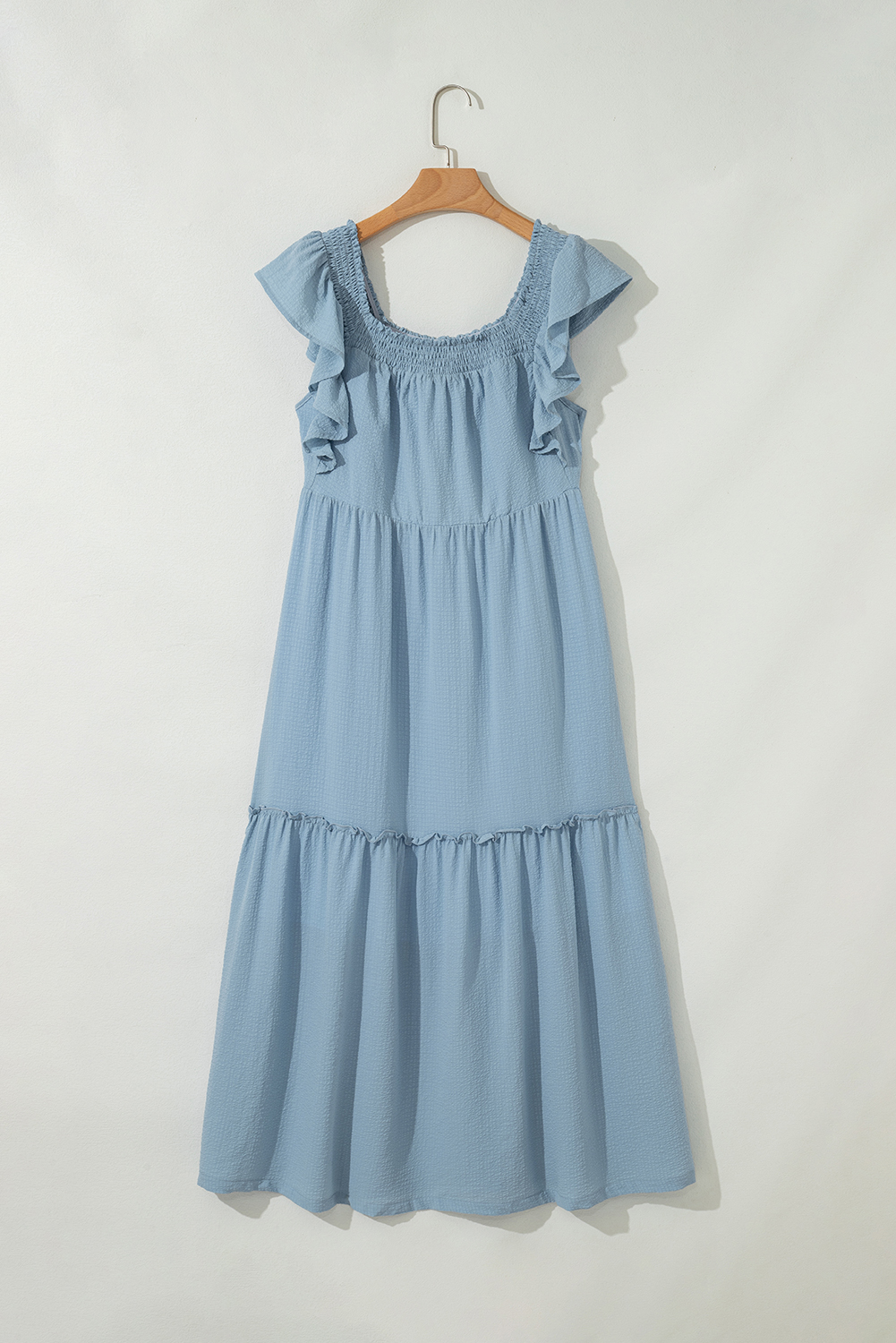 Sky Blue Ruffled Flutter Sleeve Square Neck Textured Tiered Maxi Dress - loveforevers