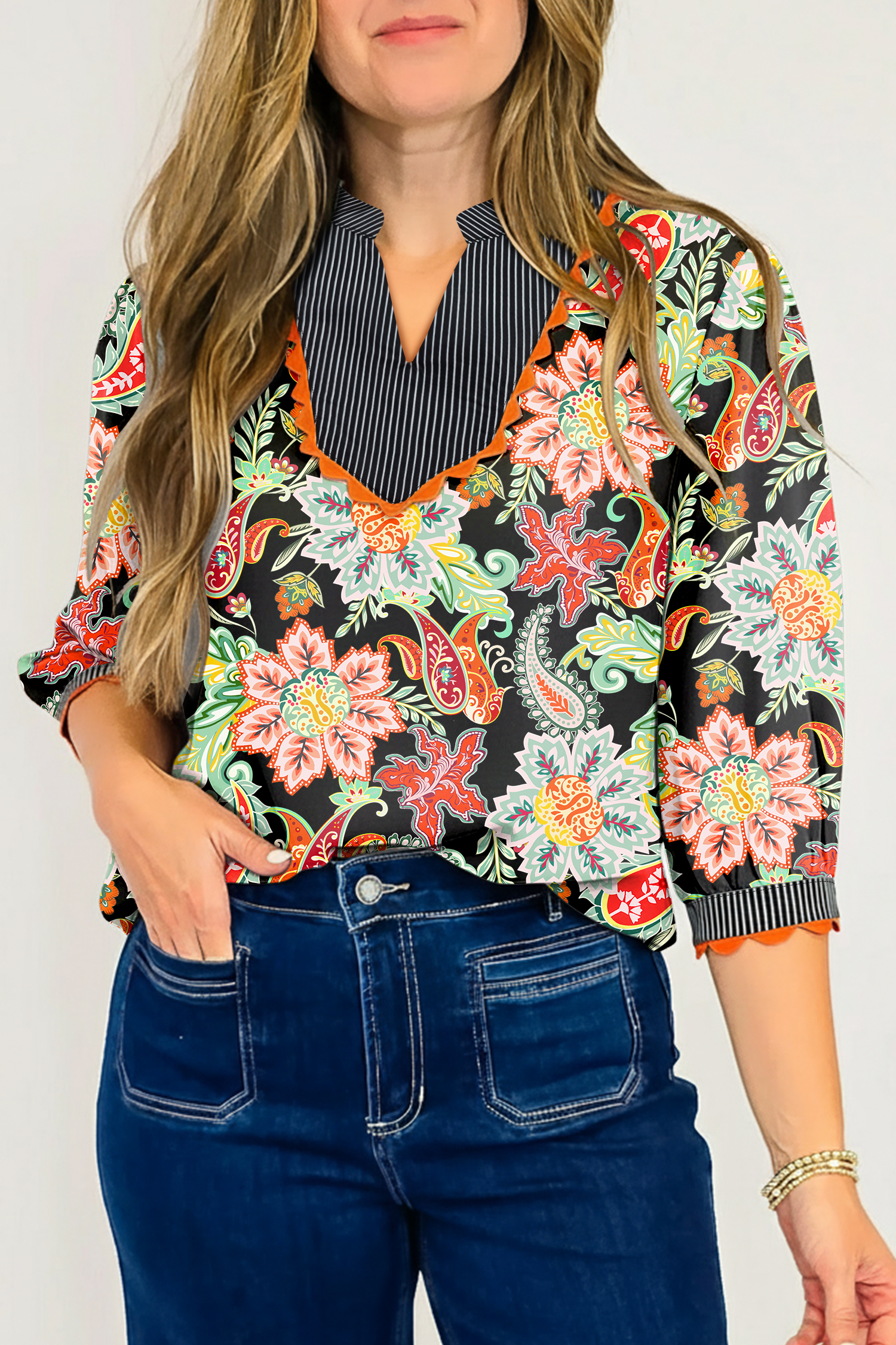 Black Contrast Ricrac Trim Striped Edge Patchwork Floral Print Blouse - loveforevers