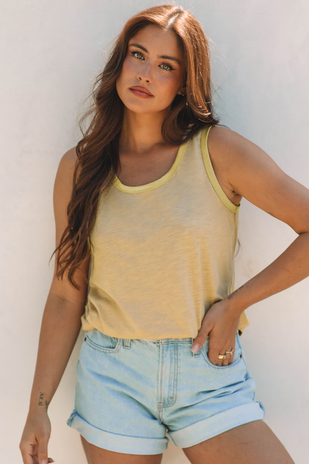 Tan Metallic Sheen Edge Scoop Neck Tank Top - loveforevers