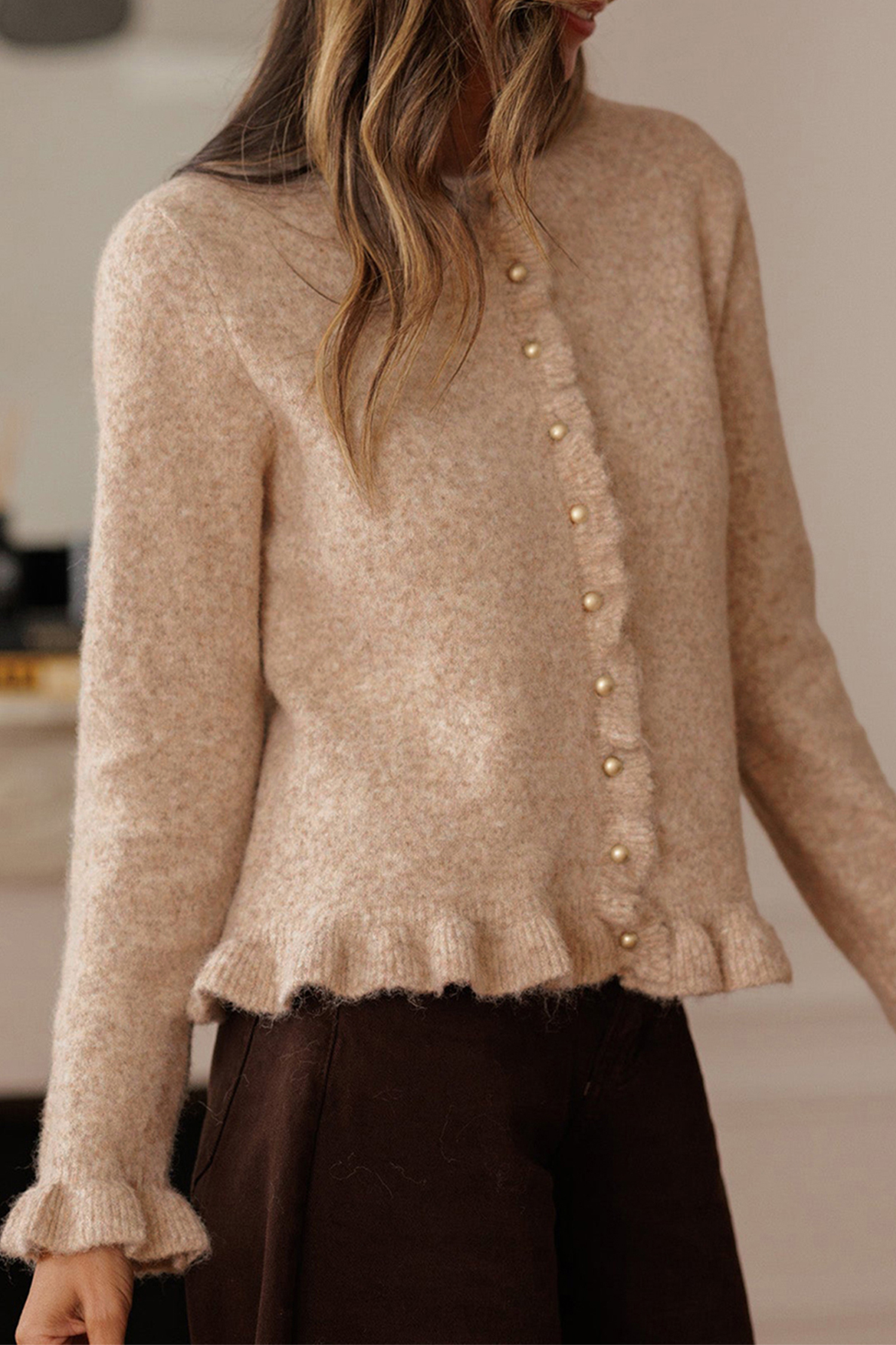 Oatmeal Ruffle Trim Gold Button Sweater Cardigan - loveforevers
