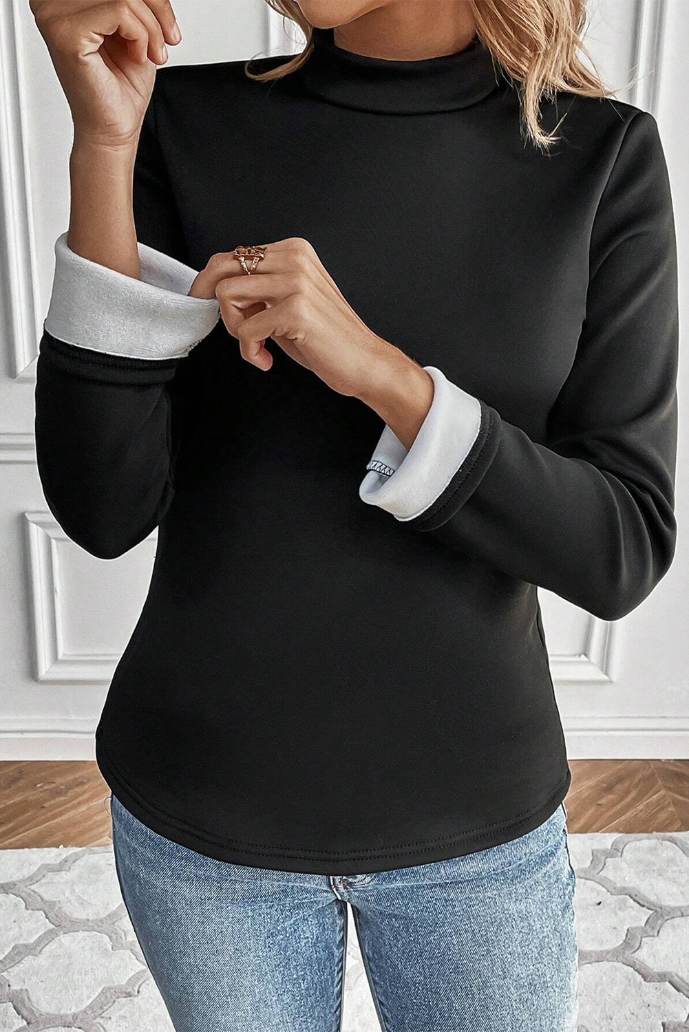Black Mock Neck Thermal Lined Long Sleeve Tee - loveforevers