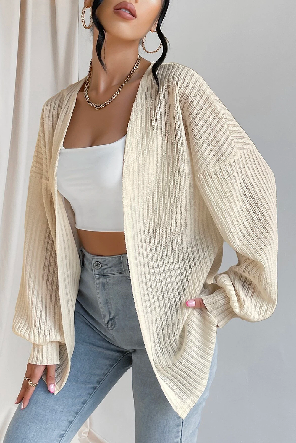 Beige Textured Lantern Sleeve Open Kimono - loveforevers