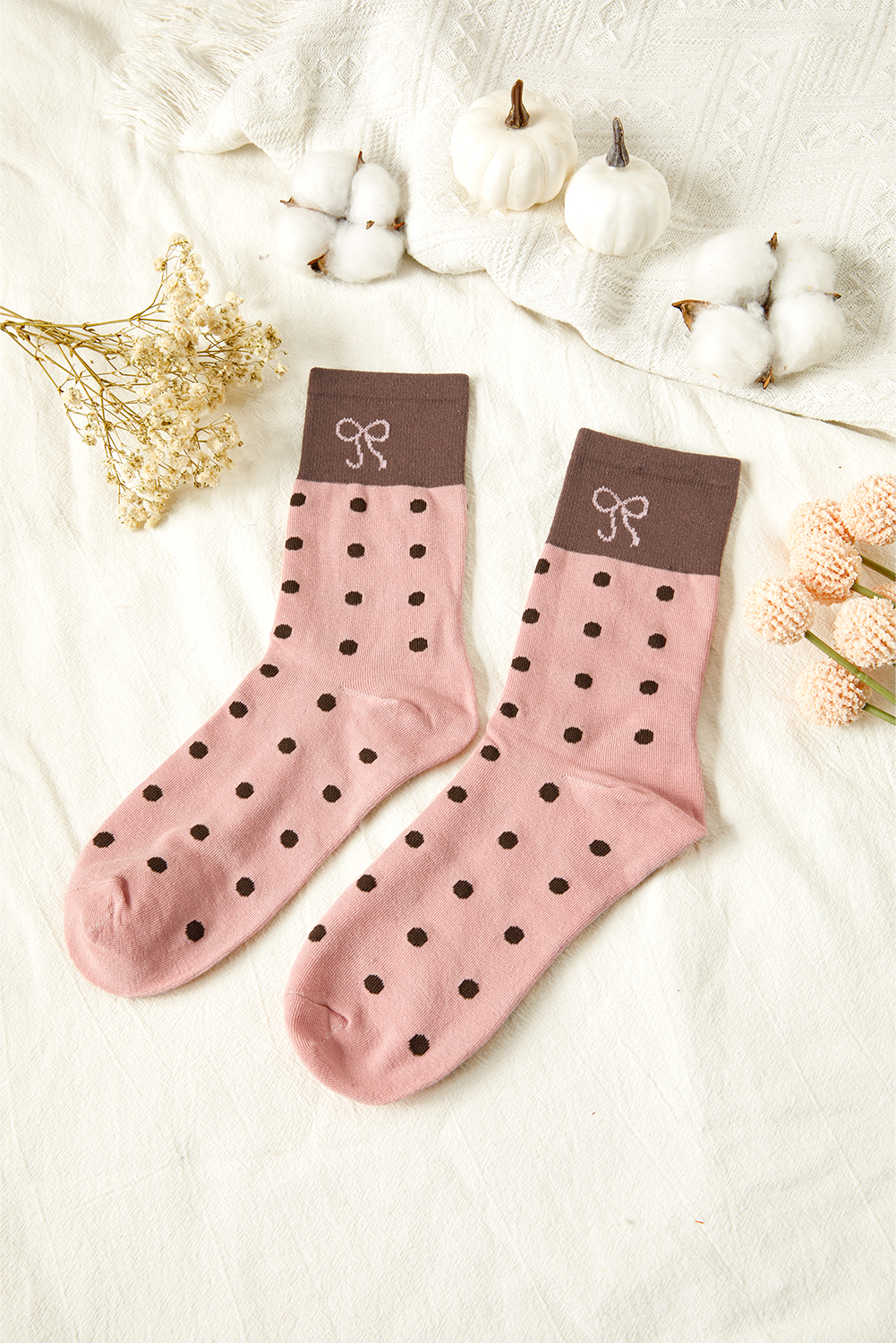 Blossom 1 Pairs Polka Dot Print Contrast Bow Block Socks - loveforevers