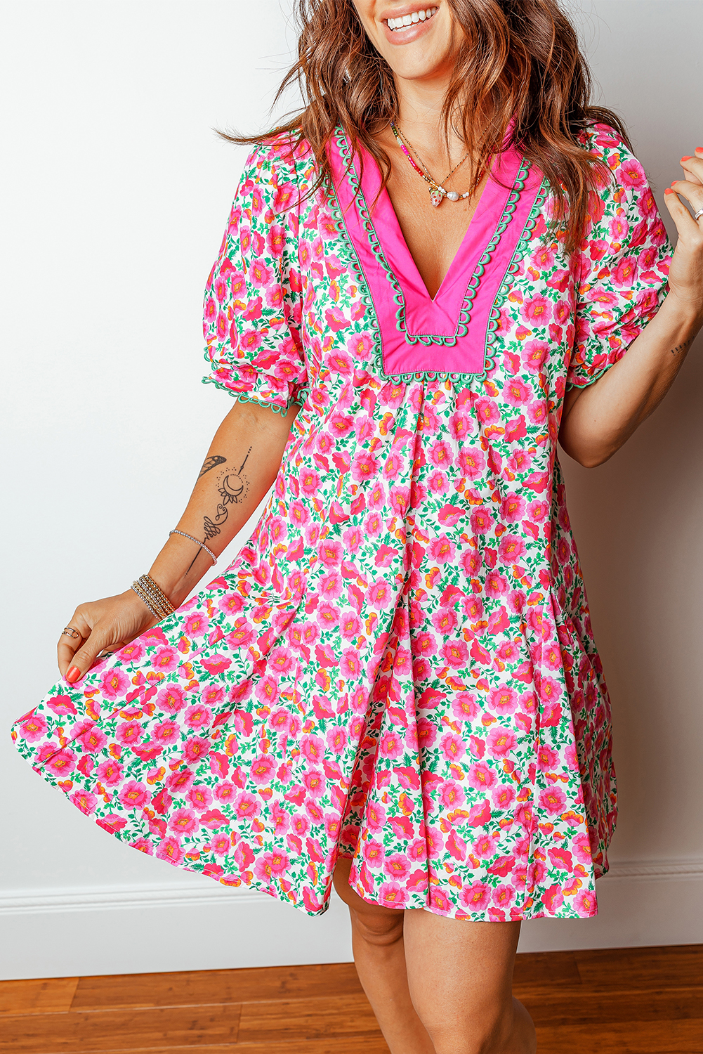 Pink Floral Print V Neck Patchwork Short Bubble Sleeve Mini Dress - loveforevers