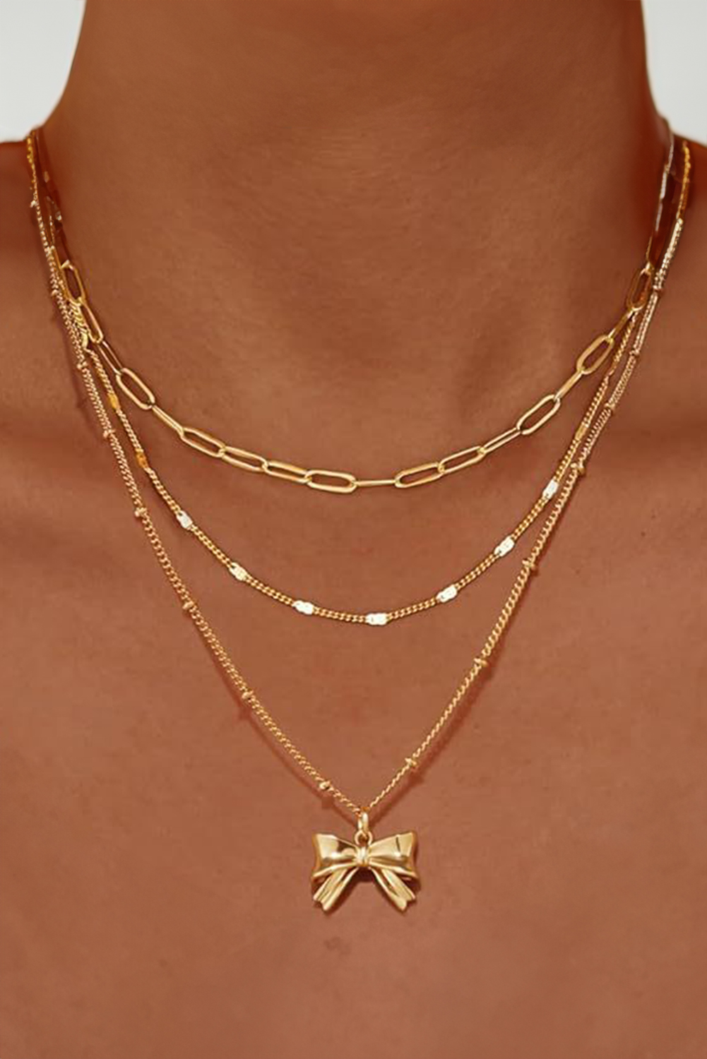 Gold Plated Trendy Paperclip Chain Bow Pendant 3pcs Necklace Set - loveforevers