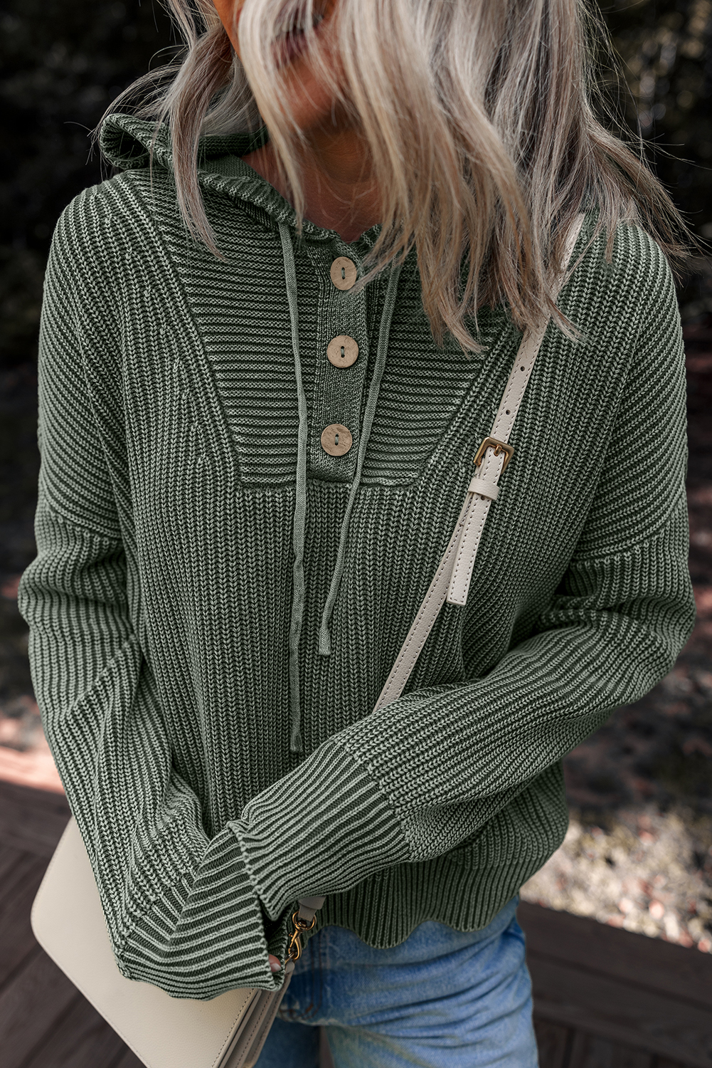 Mist Green Mineral Wash Ribbed Knit Button Drawstring Neck Hooded Sweater - loveforevers