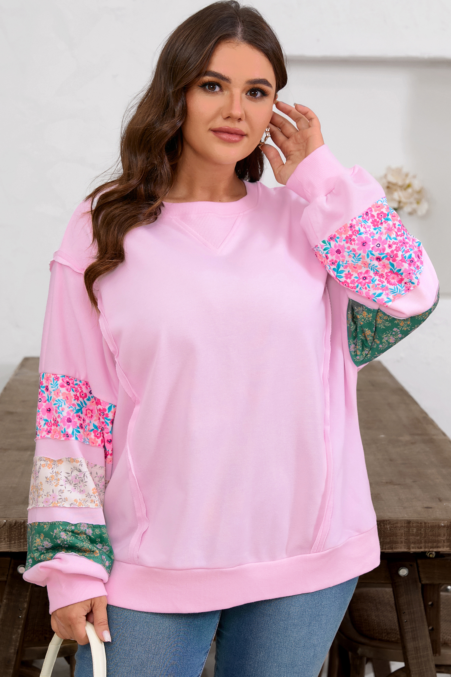 Pink Plus Size Mix Floral Patched Sleeve Ribbed Trim Baggy Sweatshirt - loveforevers