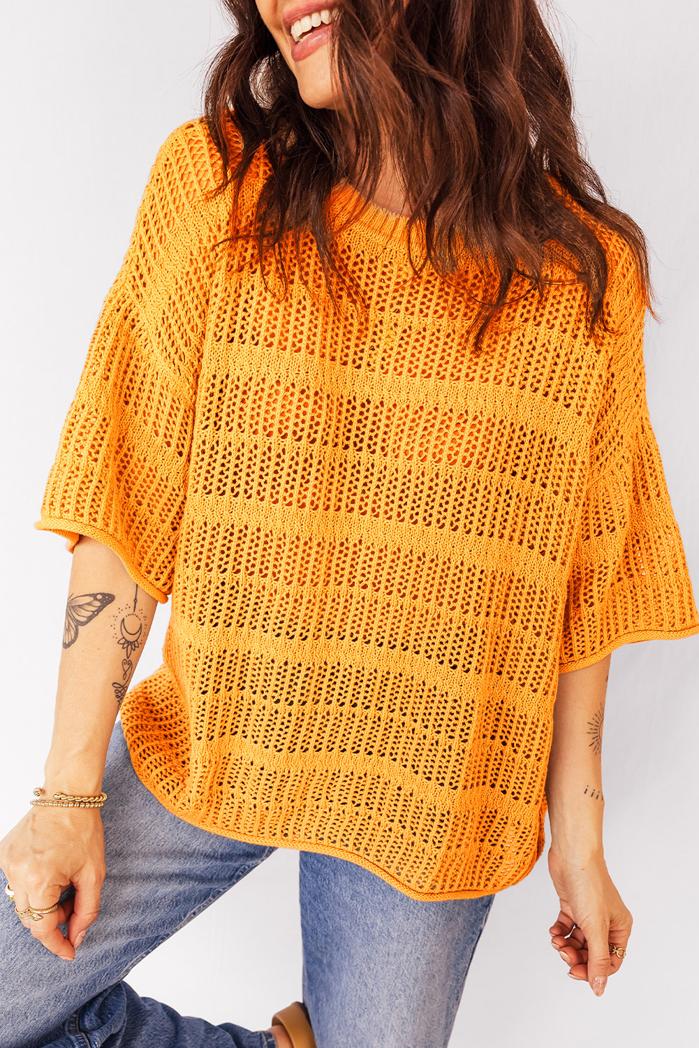 Mustard Hollow out Openwork Knit 3/4 Sleeve Sweater - loveforevers