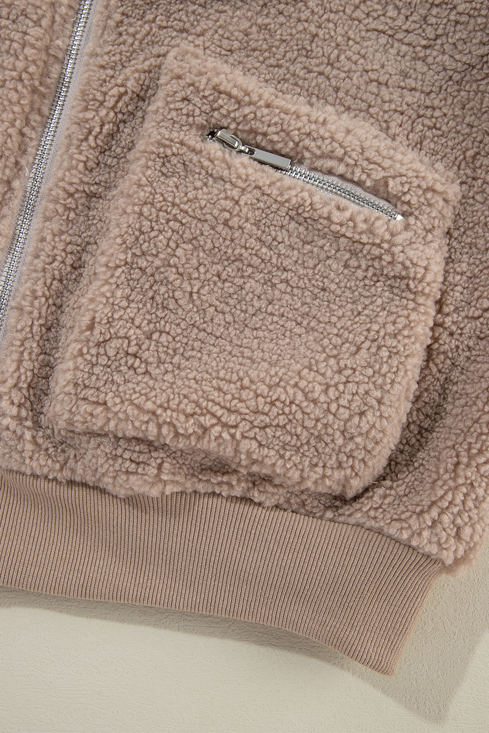 Light French Beige Zipper Pocketed Winter Fuzzy Jacket - loveforevers