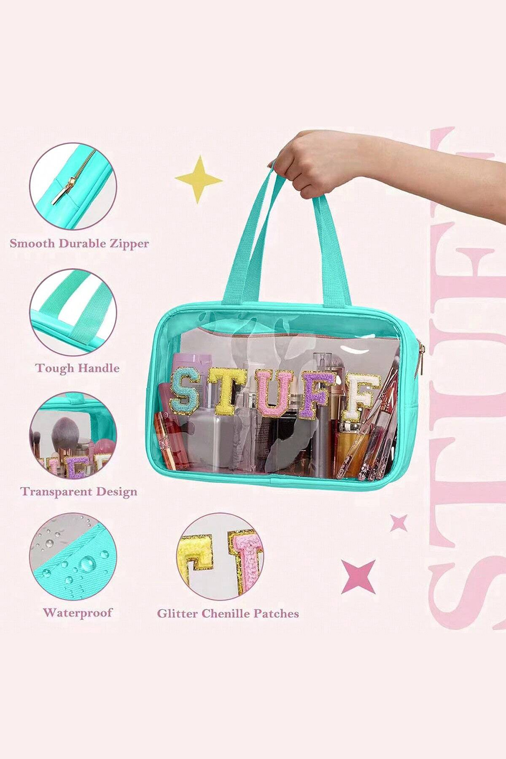 Light Pink TRAVEL Chenille Letter Clear PVC Makeup Bag - loveforevers