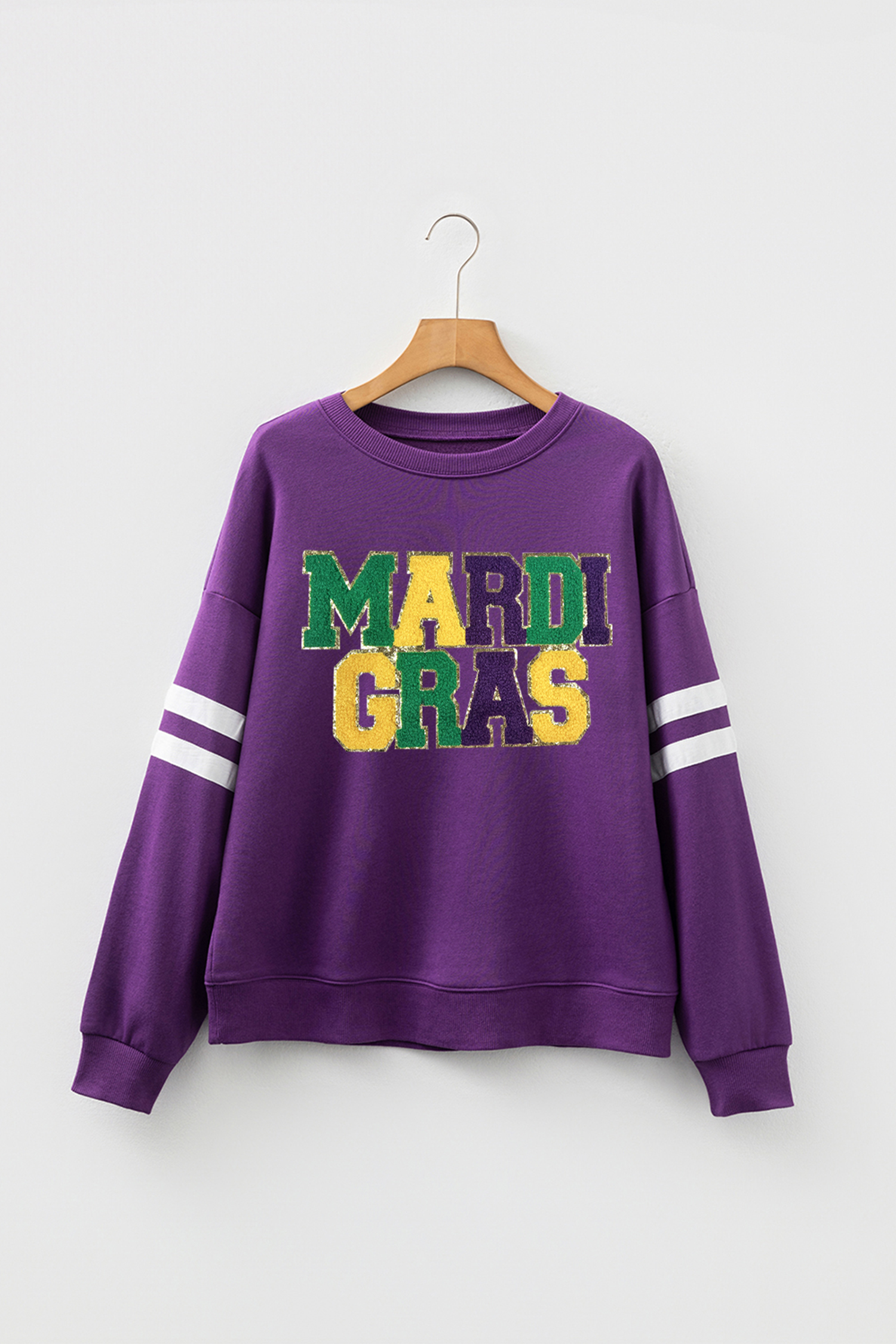 Tillandsia Purple Mardi Gras Patched Graphic Varsity Sweatshirt - loveforevers