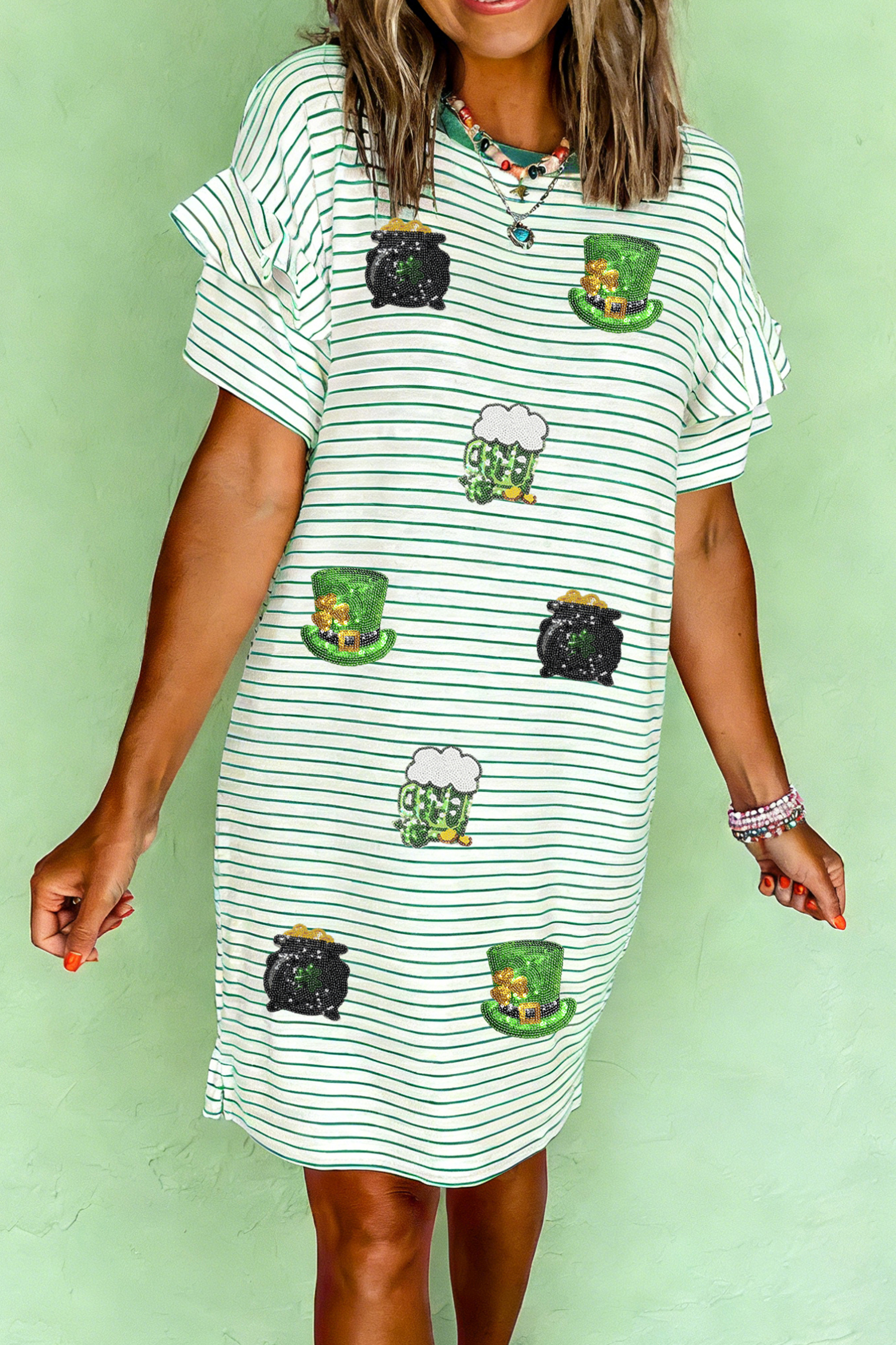 Green Stripe St Patricks Day Sequin Elements Patched Tee Dress - loveforevers