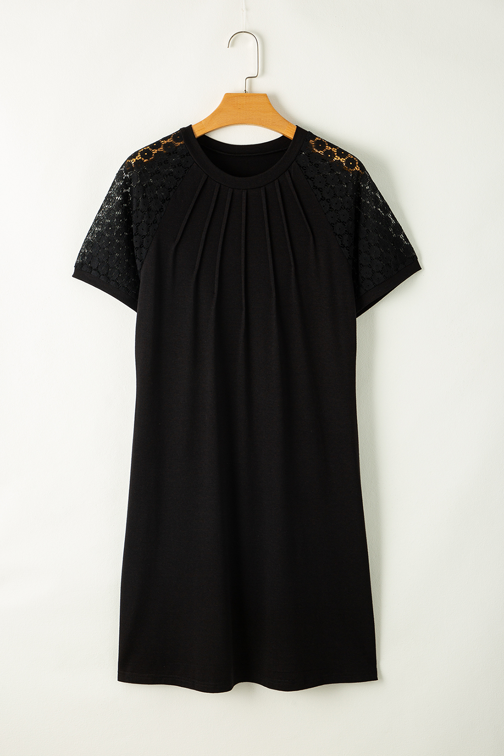 Navy Blue Contrast Lace Raglan Sleeve Pleated Detail Shift Dress - loveforevers