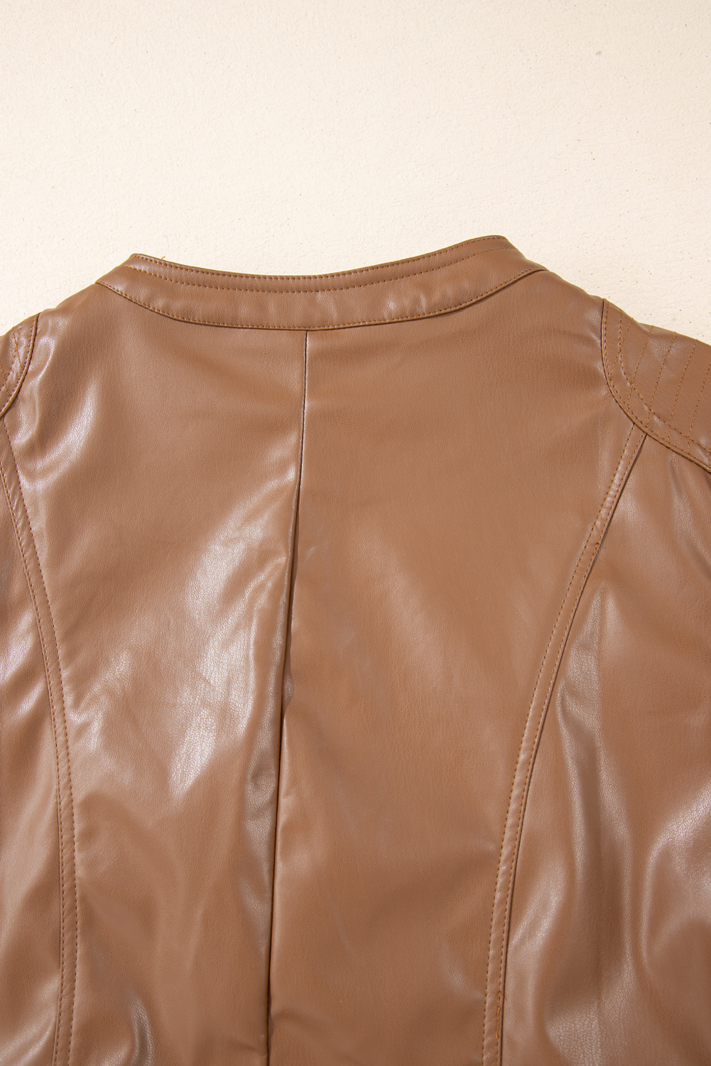 Chestnut Solid Faux Leather Zipper Slim Fit Bomber Jacket - loveforevers