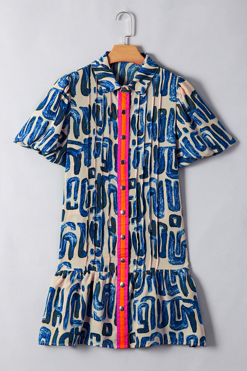 Beige Abstract Print Bubble Sleeve Button up Mini Dress - loveforevers